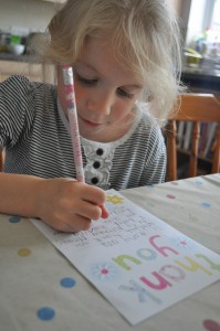 Day 89: One-to-one time with Mimi, helping her write thank you letters for the birthday presents she received