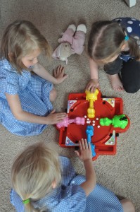 Day 90: Hearing the shouts of laughter from my girls as they spent at least 15 minutes after school playing Hungry Hippos together