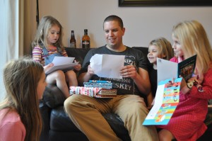 Day 290: My husband's birthday - here he is surrounded by all his girls and being spoiled with presents