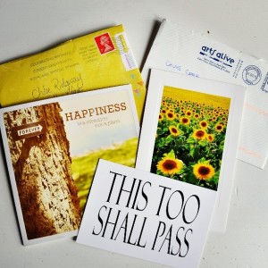 Day 393: I was lucky enough to receive two unexpected pieces of wonderful happy post through my letterbox today, from two entirely unconnected people. I can't even begin to dscribe howmuch these lifted me. Little things matter, like people taking five minutes out of their day to write a note to let you know that you are in their thoughts